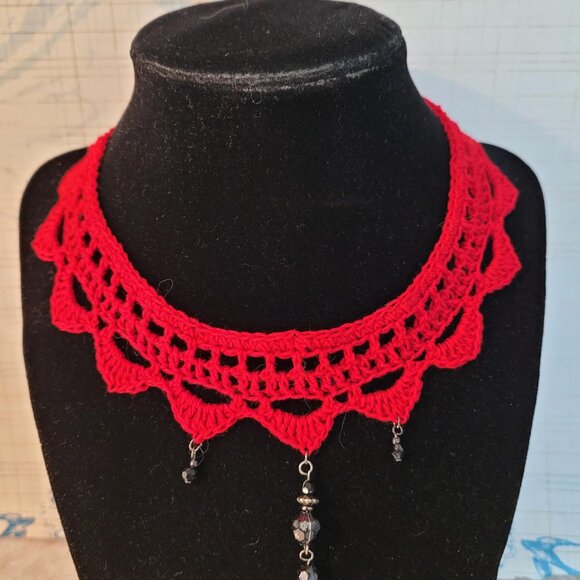 Repurposed Vintage Jewelry on Hand Crafted Crochet Boho / Goth Choker Necklace - Picture 1 of 4